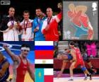Подиум мужчин греко-84 кг, Алана Хугаева (Россия), Карам Габер (Египет), Даниал Gazhiyev (Казахстан) и Дамиан Janikowski (Польша), Лондон-2012